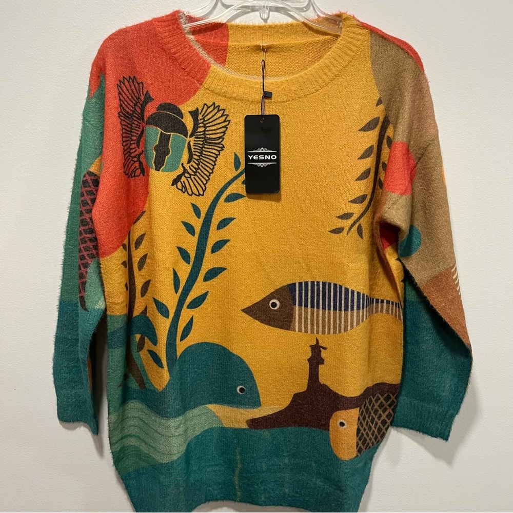 NWT YESNO Womens Multi Color Graphic Printed Oversized Pullover Sweater, Size XS